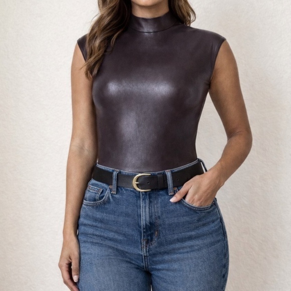 Spanx faux leather chocolate brown mock neck  bodysuit